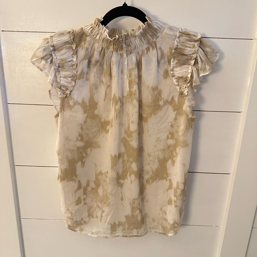 CALVIN KLEIN Woman Flutter sleeve smocked tan-white mock neck classic tank NWT S - Picture 3 of 14